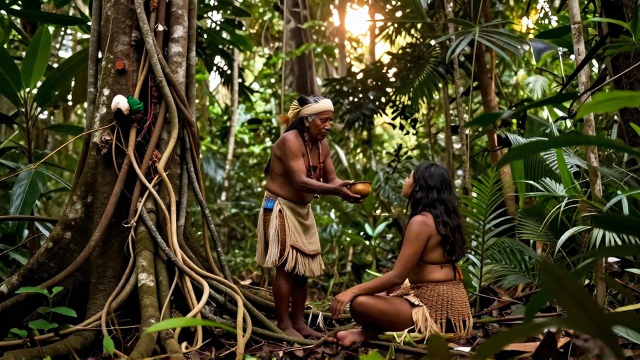 Chamán indígena guía a un participante en una ceremonia de meditación junto a vides de Ayahuasca en la Amazonía.