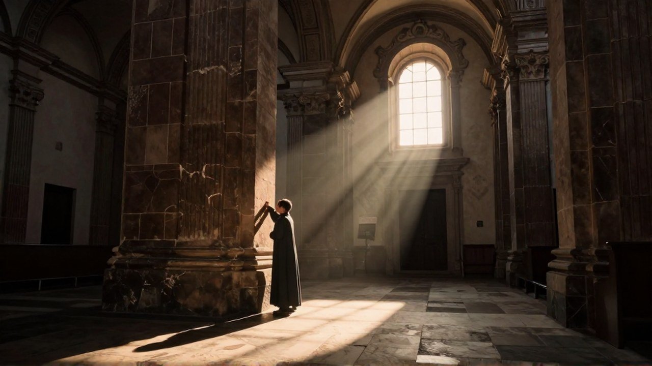 Un hombre contemplativo se encuentra iluminado por un rayo de sol en el interior de una iglesia colonial.