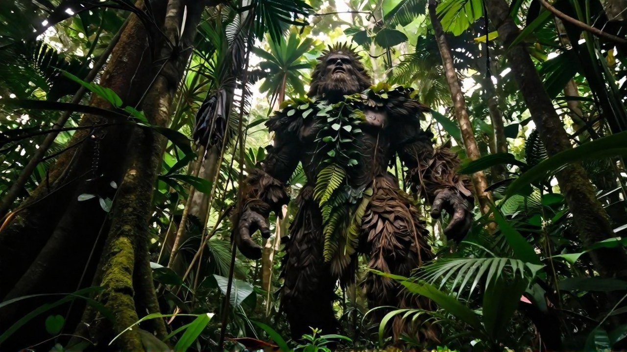 Figura imponente en la selva húmeda, que observa a una pequeña figura humana en la distancia.