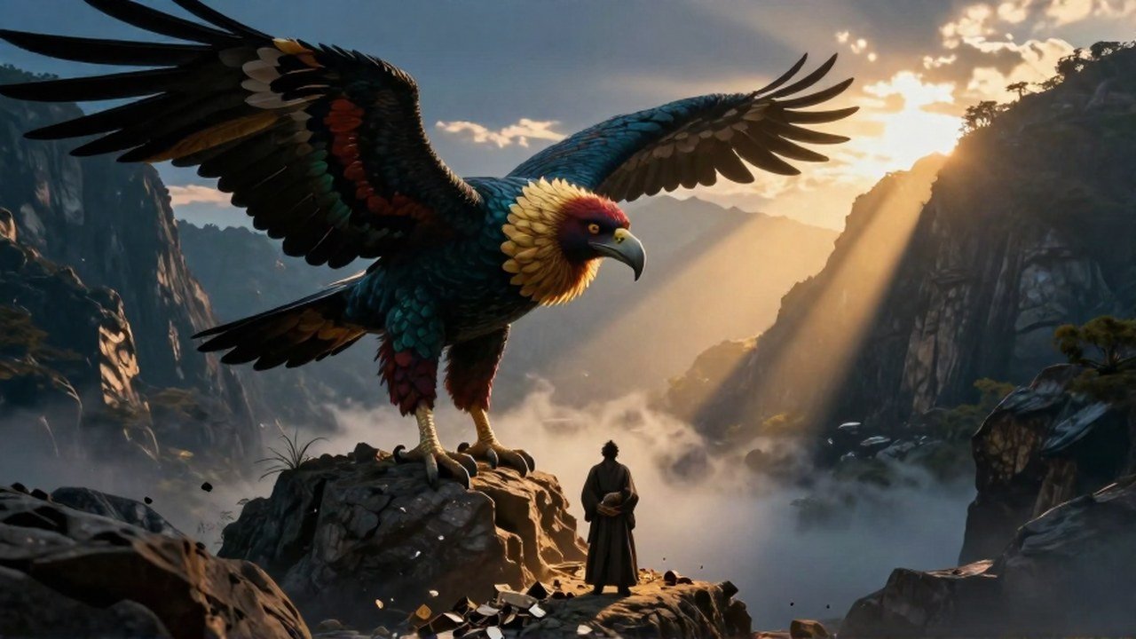 Un Alicanto majestuoso juzga a una persona aferrada a la codicia en un paisaje montañoso.