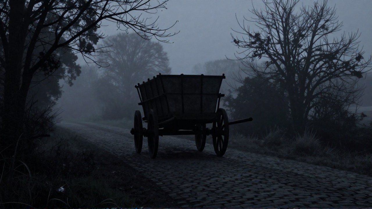 Carro esquelético antiguo moviéndose lentamente por un camino rural brumoso al crepúsculo.
