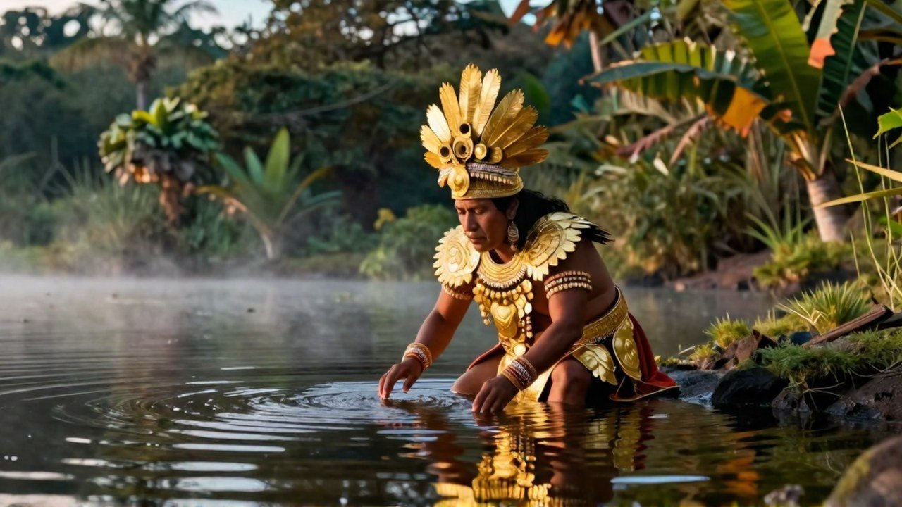Jefe Muisca ceremonial y dorado en un ritual sagrado junto a la laguna.