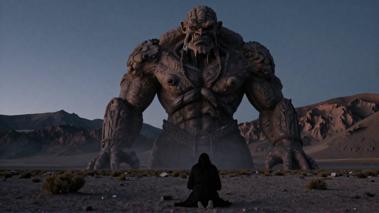 Figura espectral y gigantesca domina a una persona arrodillada en un paisaje altiplánico al atardecer.