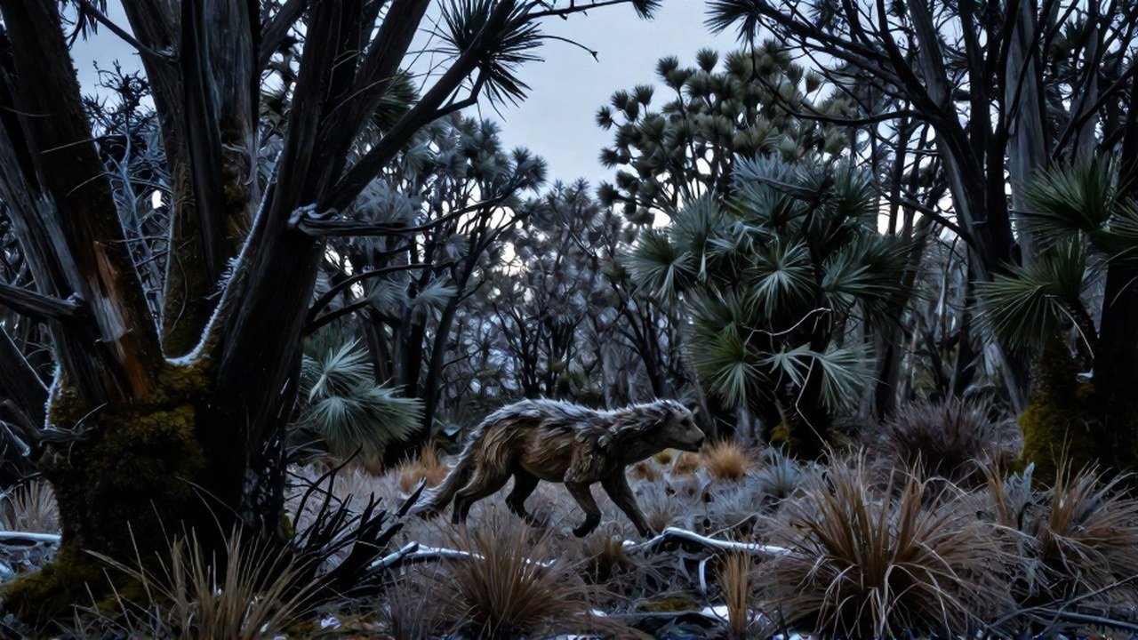El Duende, criatura mítica patagónica, camina por un bosque invernal denso y cubierto de escarcha.
