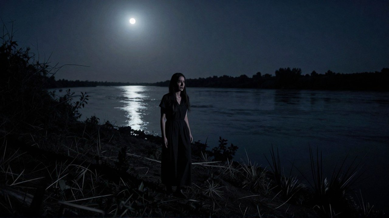 La Llorona, mujer afligida, aparece en una orilla desolada durante la noche.