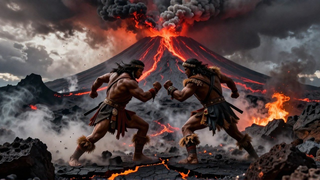 Colosales guerreros ancestrales luchan en un paisaje andino durante una violenta erupción volcánica.