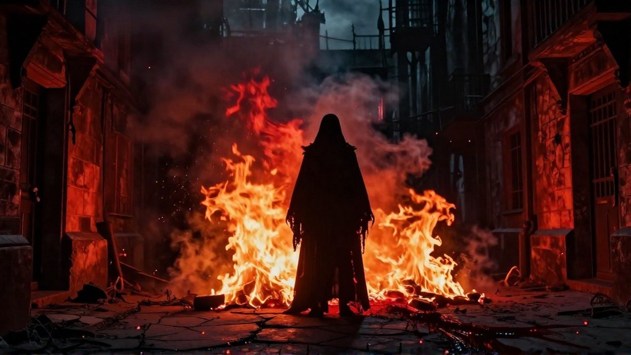 Figura espectral en callejón gótico, rodeada de llamas y humo, con trazas de sangre en el pavimento.