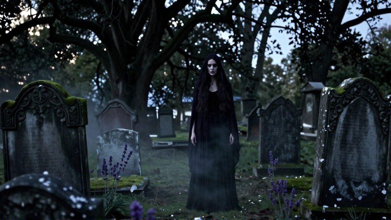 Mujer con traje oscuro en un cementerio antiguo y cubierto de maleza, rodeada de lápidas y lavanda.