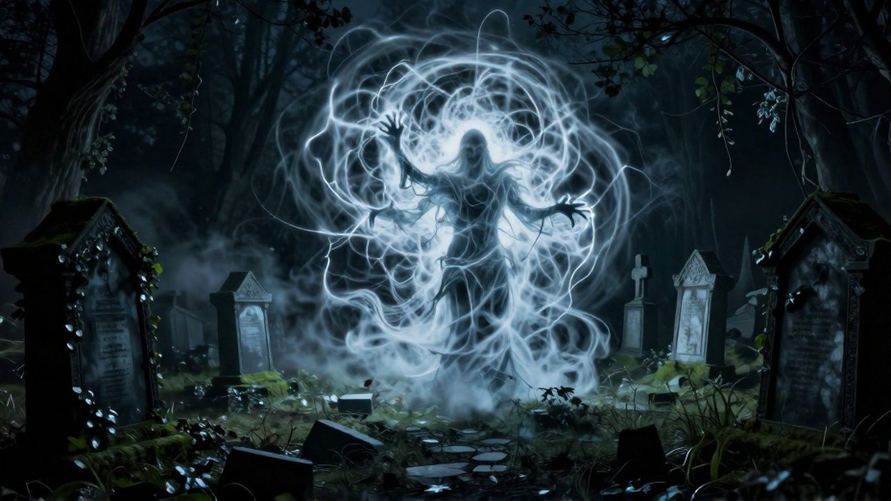 Entidad espectral aparece en un cementerio oscuro rodeada por un portal de energía turbulenta.