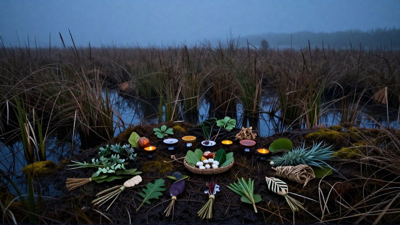 Ofrendas rústicas de elementos naturales colocadas en un páramo pantanoso envuelto en niebla al anochecer.