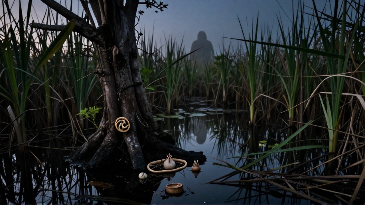 Árbol en pantano al atardecer, con ofrendas rituales y la tenue silueta de una presencia ominosa.
