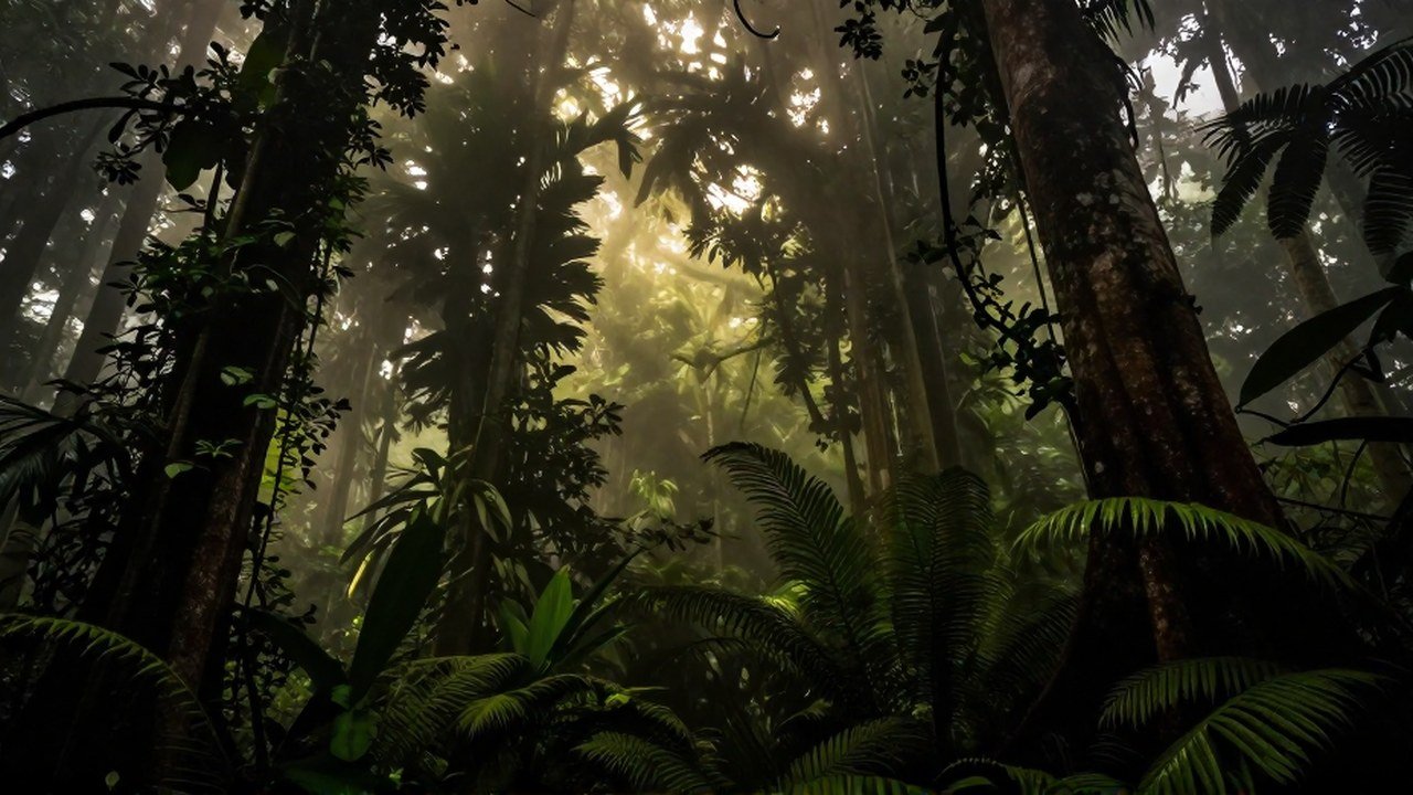 Selva peruana densa envuelta en neblina, iluminada por un penetrante haz de luz a través del dosel.