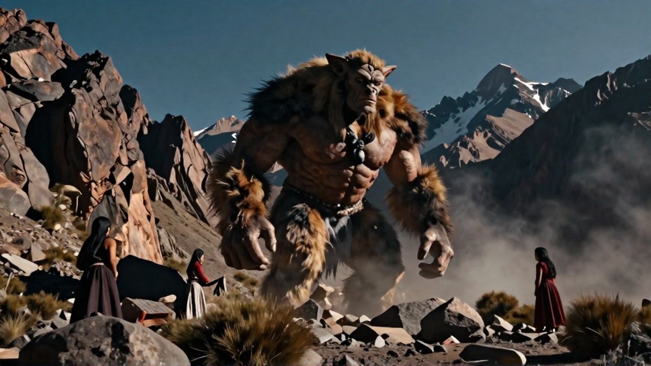 Una criatura híbrida gigantesca se encuentra en los Andes junto a figuras femeninas.