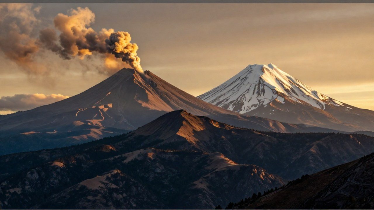 Dos estratovolcanes en México: uno activo con plumeas de ceniza y otro nevado en el paisaje alto.