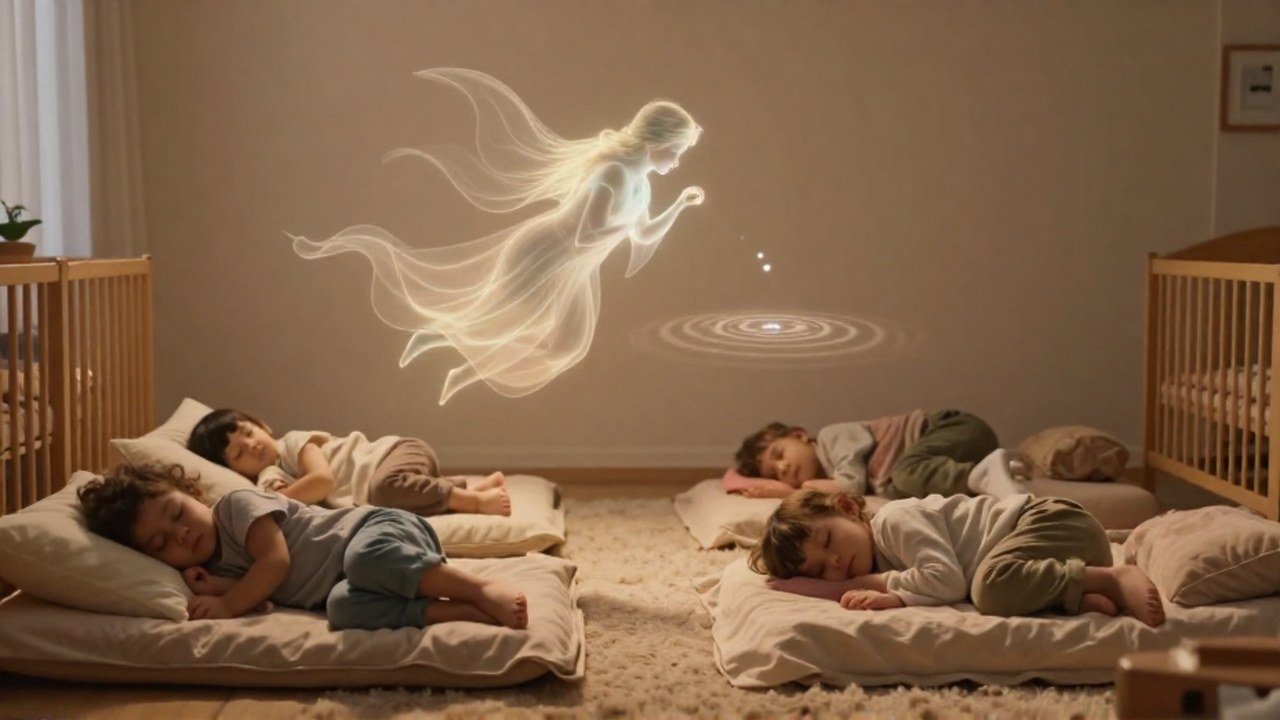Espíritu folklórico etéreo sobre niños durmiendo en una guardería, emitiendo una resonancia de luz.