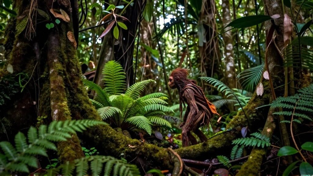 Espíritu forestal diminuto observando el sotobosque exuberante en una selva tropical densa.