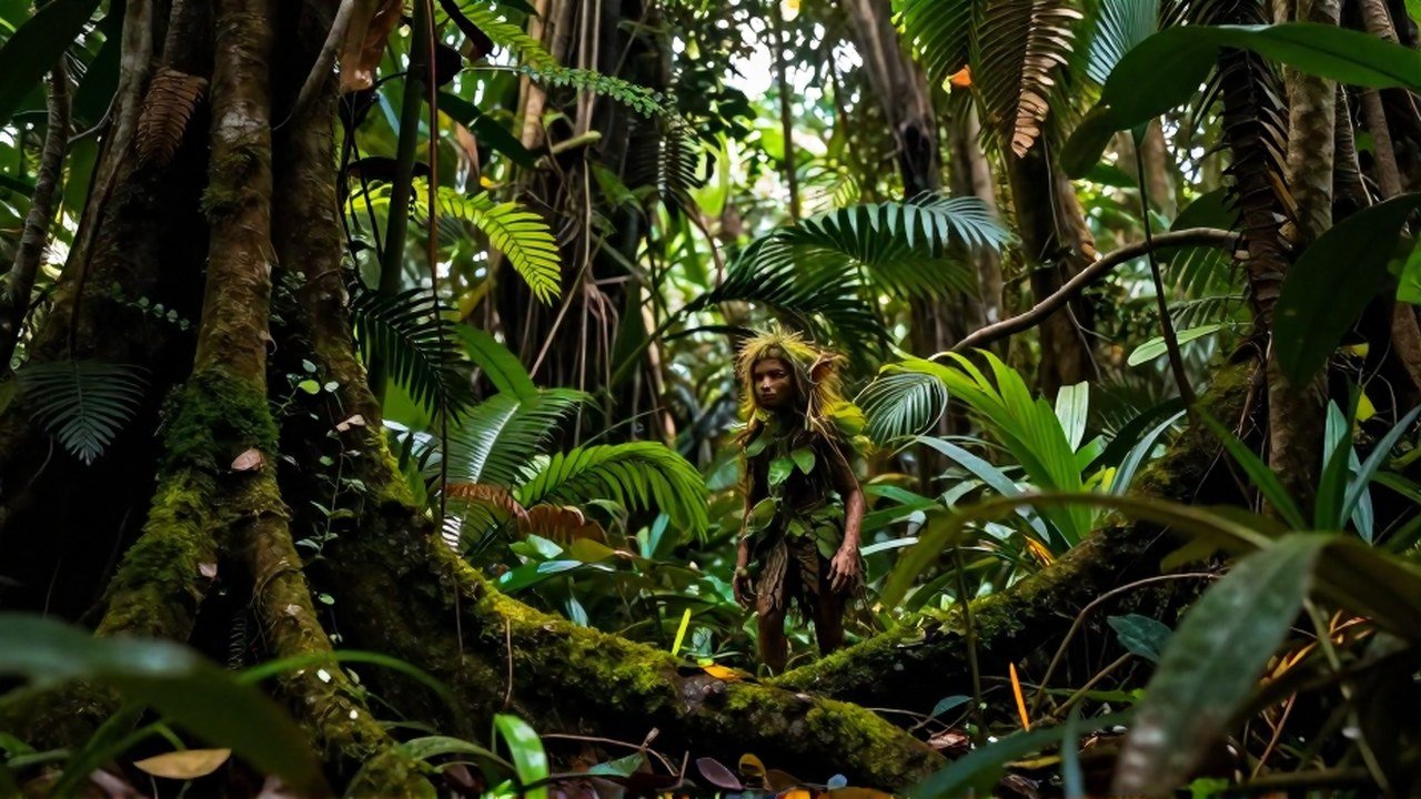 Un espíritu del bosque emerge de la densa vegetación de una selva tropical primordial.