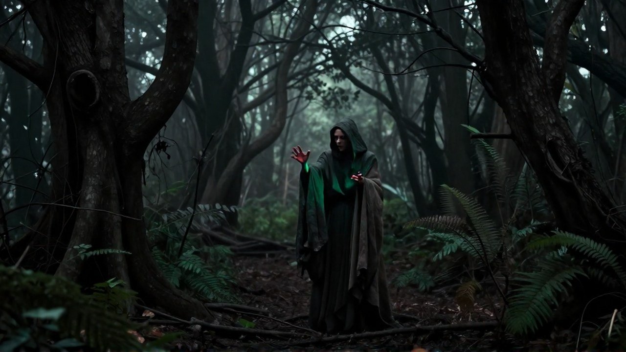 Una hechicera en un bosque brumoso levanta las manos, emitiendo un resplandor esmeralda y carmesí.