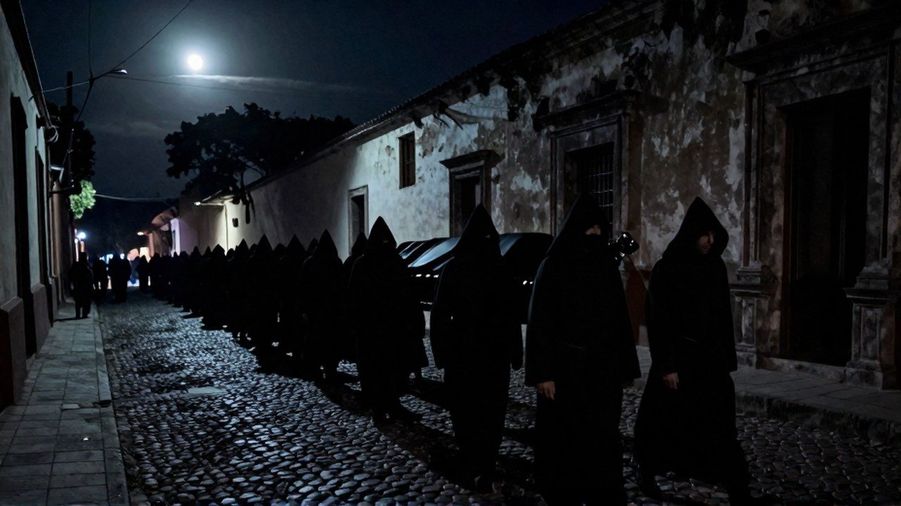 Procesión fúnebre espectral de figuras encapuchadas moviéndose por una calle antigua de América Latina.