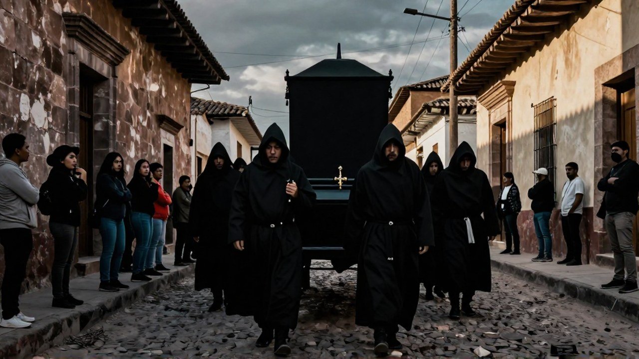 Procesión fúnebre en una calle antigua de América Latina, con dolientes y ciudadanos observando el cortejo.