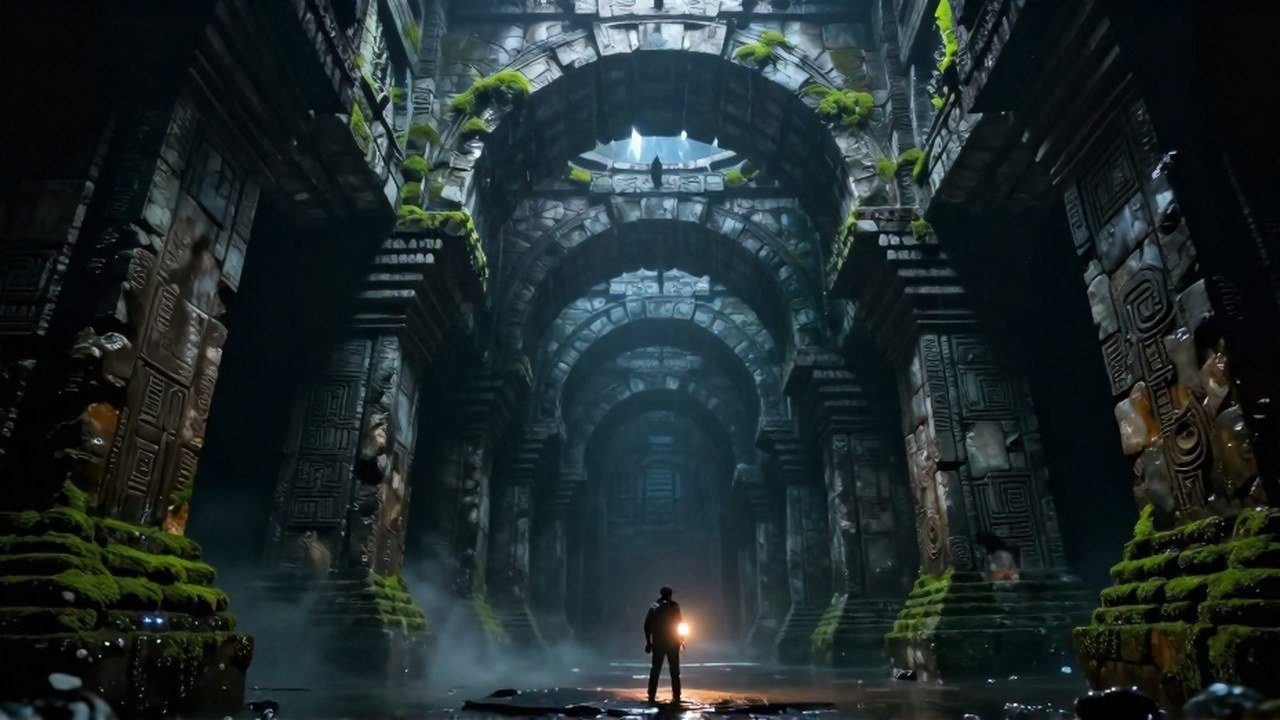 Figura explorando un pasaje colosal de ruinas antiguas sumergidas bajo la luz de una lámpara.