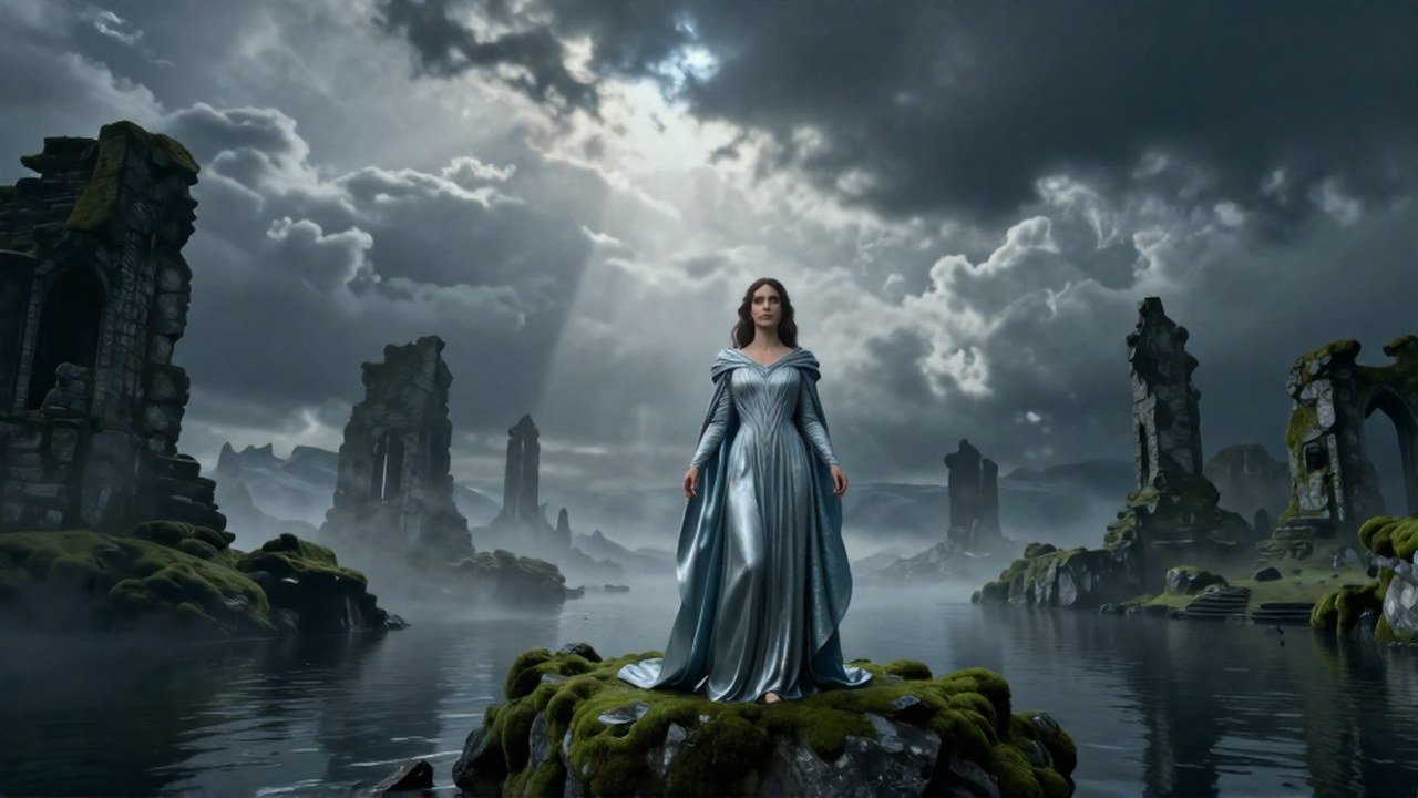 La figura de la Dama del Lago se alza vigilante en un vasto paisaje mítico entre ruinas.