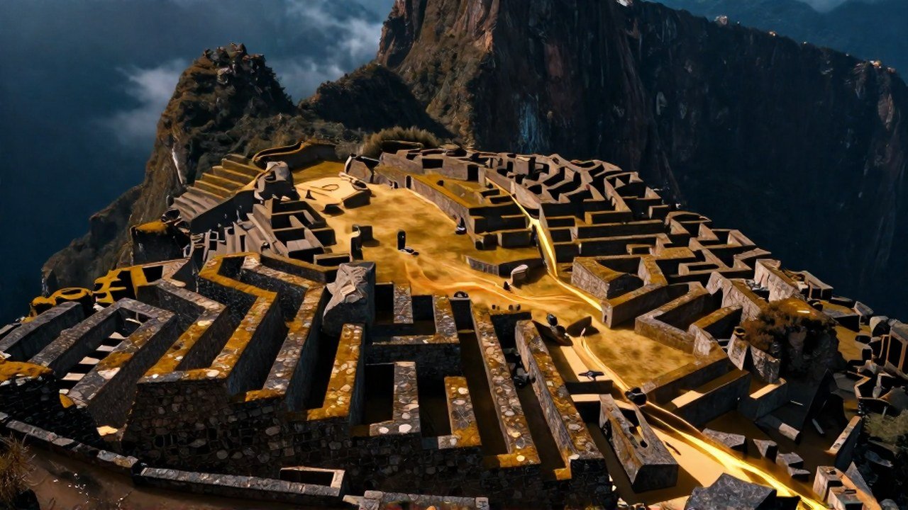 Un antiguo laberinto en los Andes con caminos complejos y un hilo dorado brillante.