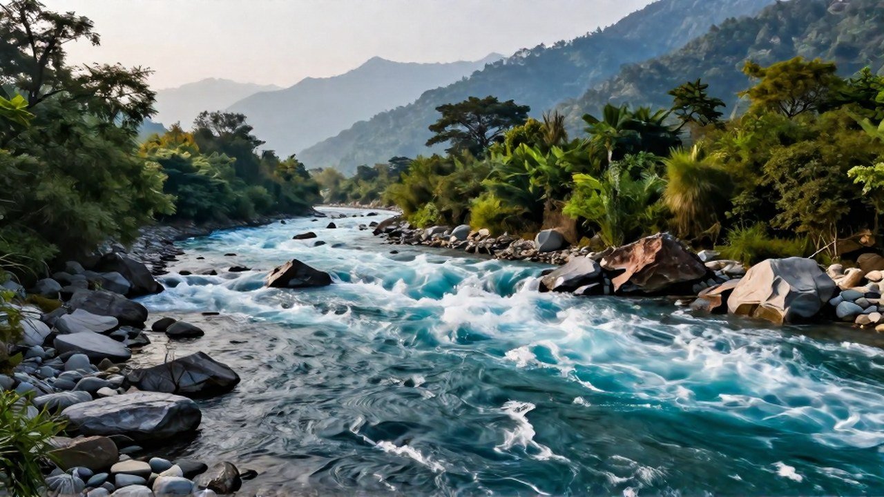 El Ganges desciende por las estribaciones del Himalaya, simbolizando vida y pureza en el paisaje verde.