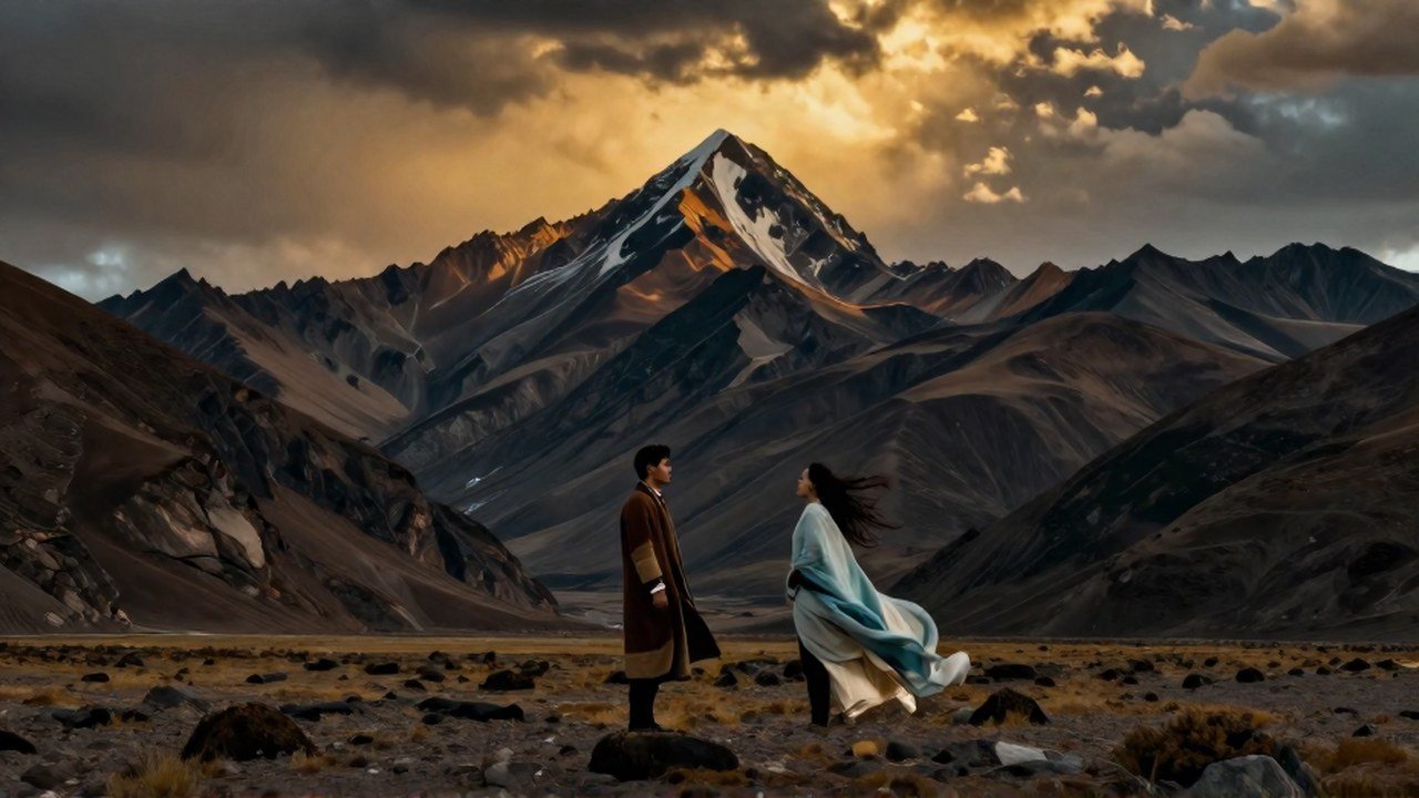 Dos figuras opuestas, una sólida y otra etérea, en un paisaje andino que simboliza un amor imposible.