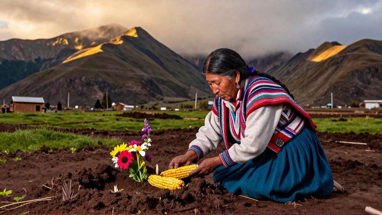 Un anciano andino coloca una ofrenda de maíz y flores sobre la tierra fértil en los Andes.