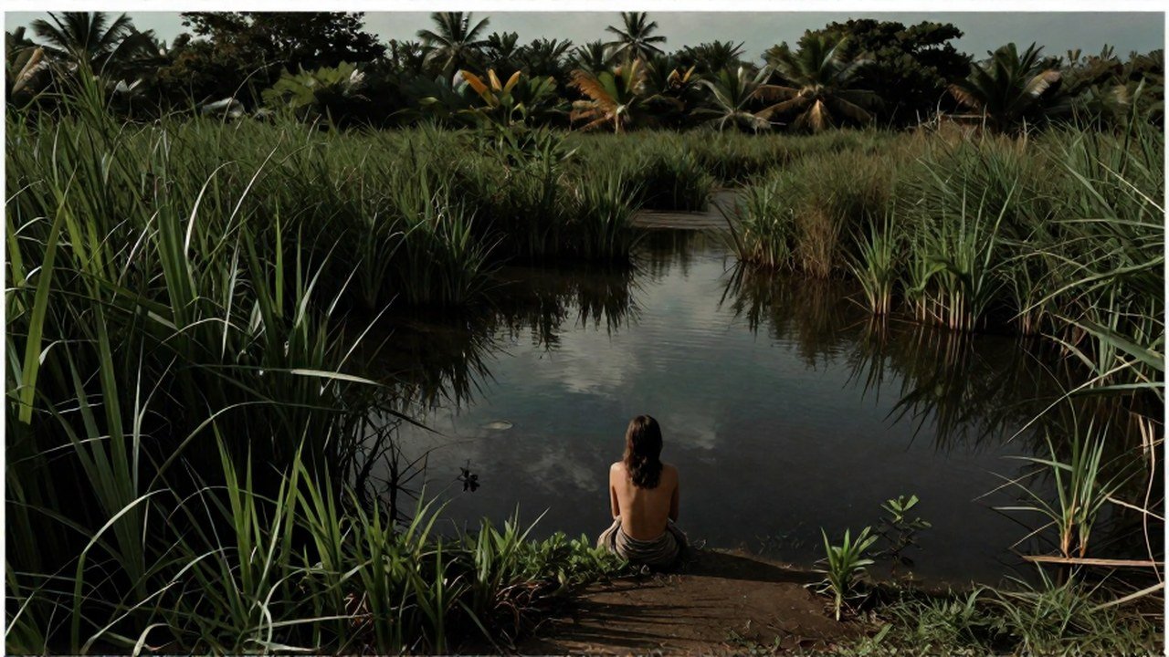 Mujer solitaria sentada en la orilla de una laguna pantanosa rodeada de vegetación tropical.