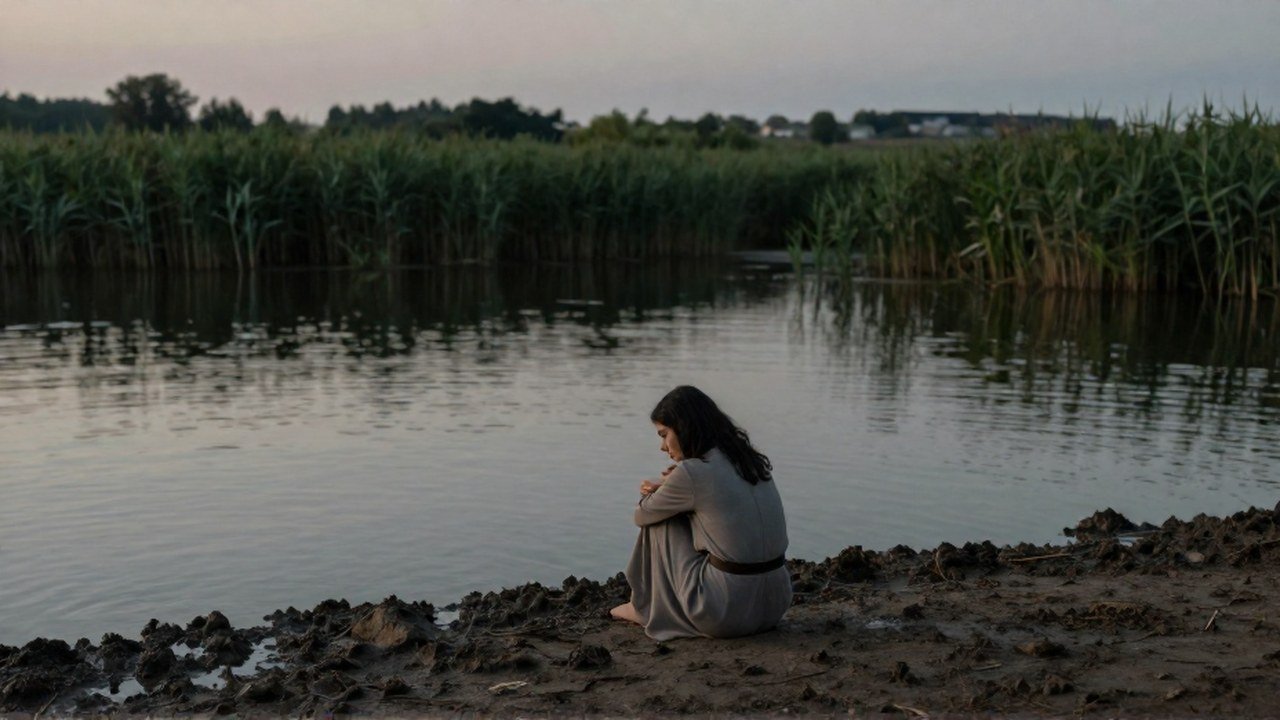 Una mujer sentada en la orilla fangosa de una vasta y tranquila laguna al atardecer.
