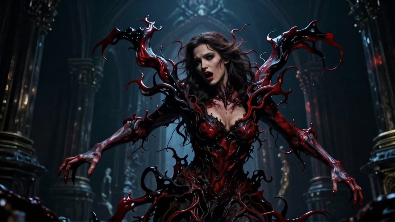 Una mujer experimenta una transformación monstruosa, mostrando un dualismo entre belleza humana y rasgos grotescos.