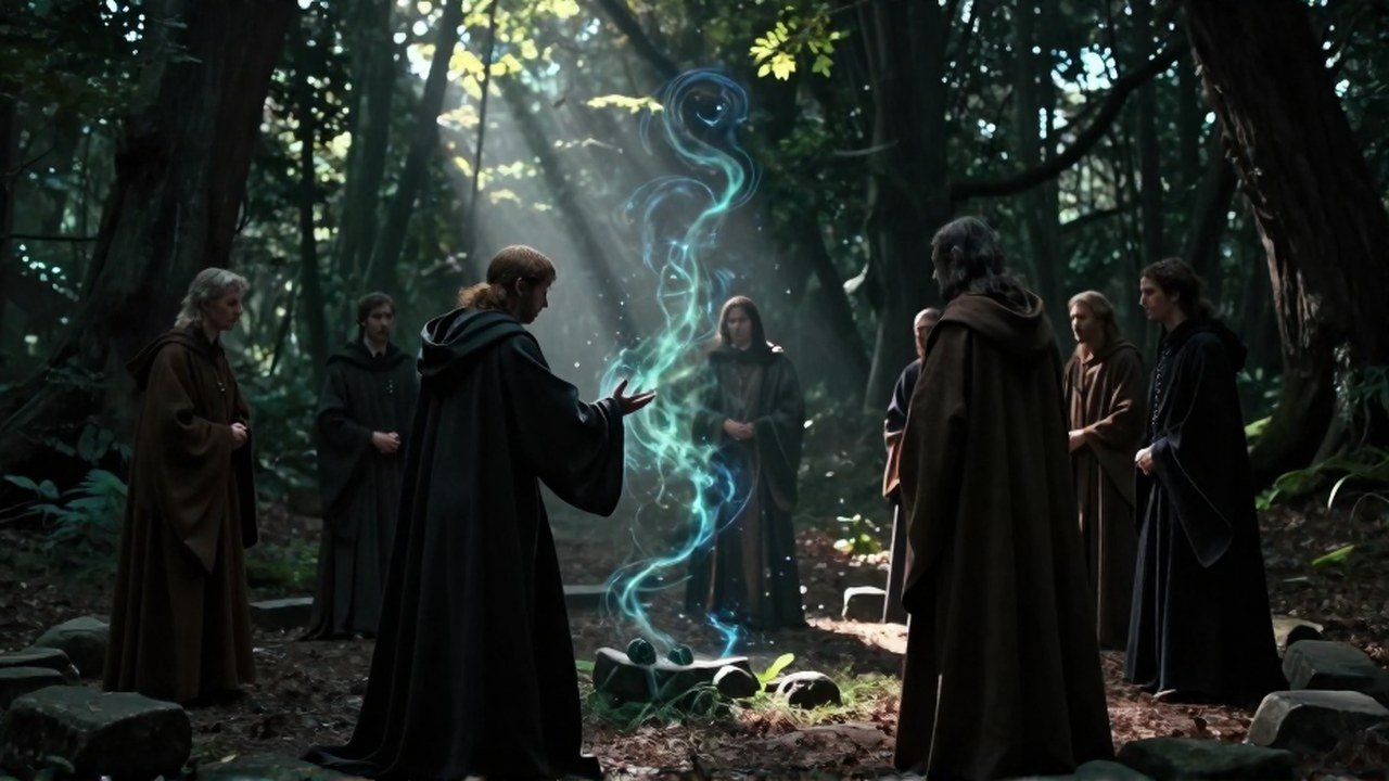 Iniciado en túnicas oscuras extiende la mano hacia una entidad de luz mágica durante un ritual en el bosque.