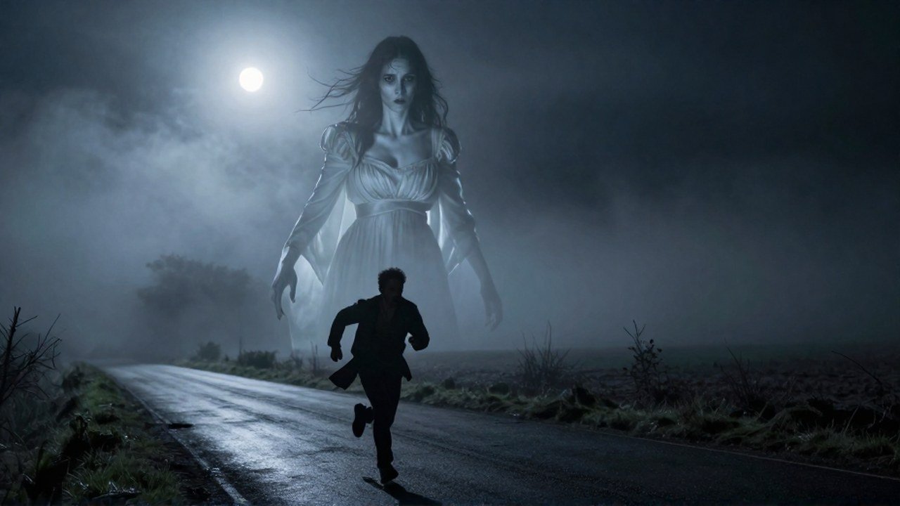 La aparición espectral de La Sayona persigue a un hombre en un camino rural brumoso durante la noche.