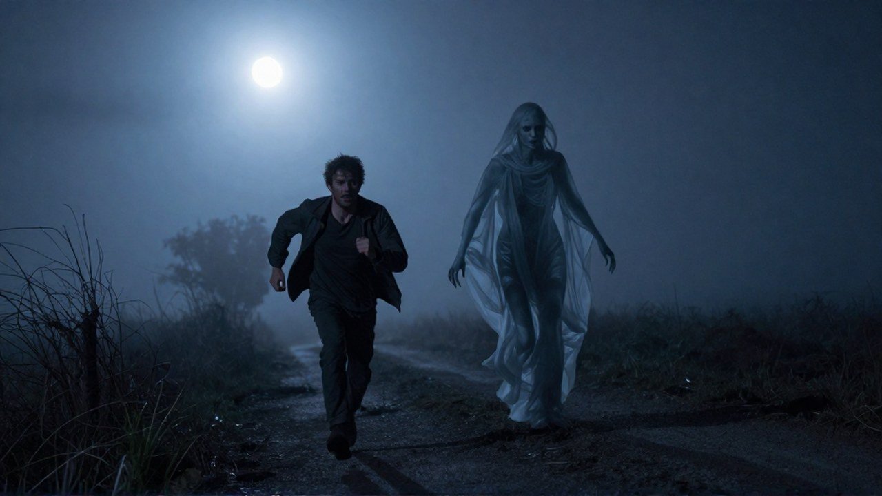 Hombre huyendo por un camino rural de niebla mientras es perseguido por una figura espectral y amenazante.