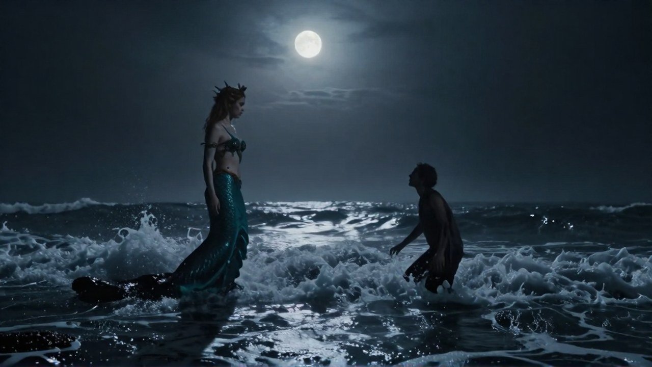 Sirena majestuosa observa a una figura humana entrantes hacia las olas turbulentas de una costa neblinosa.