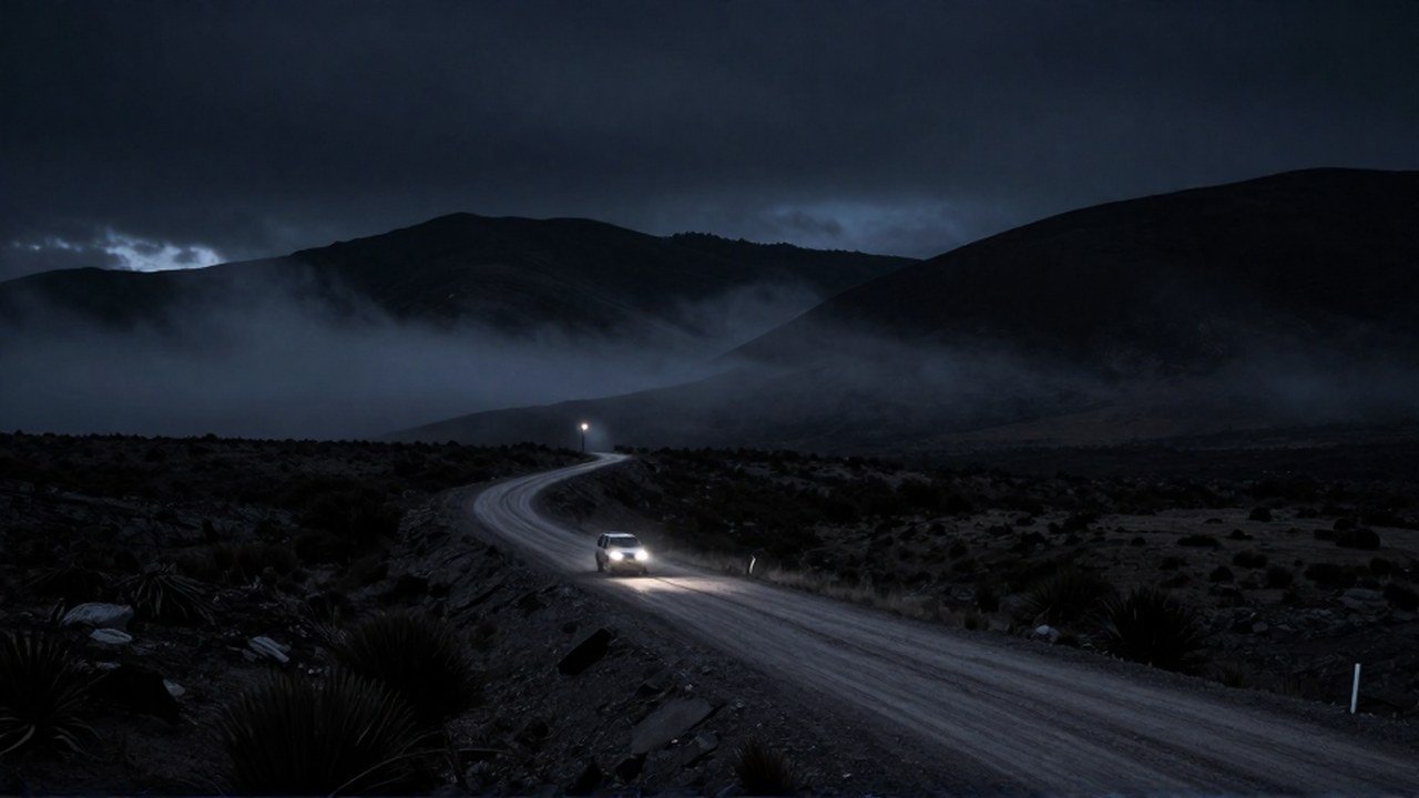 Un vehículo recorre una carretera de montaña desolada bajo la oscuridad de la noche en Sudamérica.
