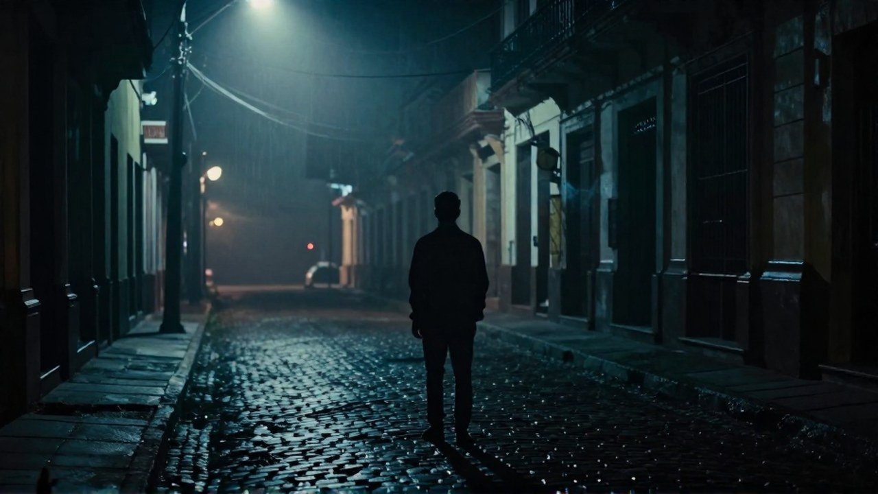 Una figura solitaria mira una distorsión espectral en una calle antigua y brumosa de América Latina.