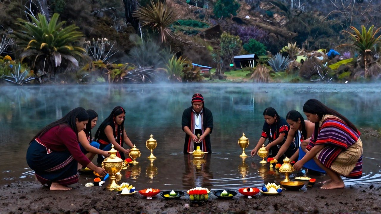 Indígenas Muisca realizan un ritual sagrado colocando ofrendas doradas en una laguna andina.