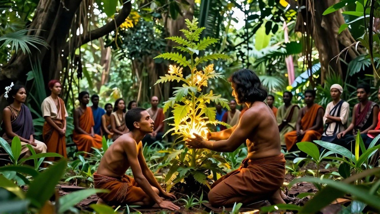 Un hombre se recupera en un paisaje natural gracias al cuidado de una potente planta medicinal y la comunidad.