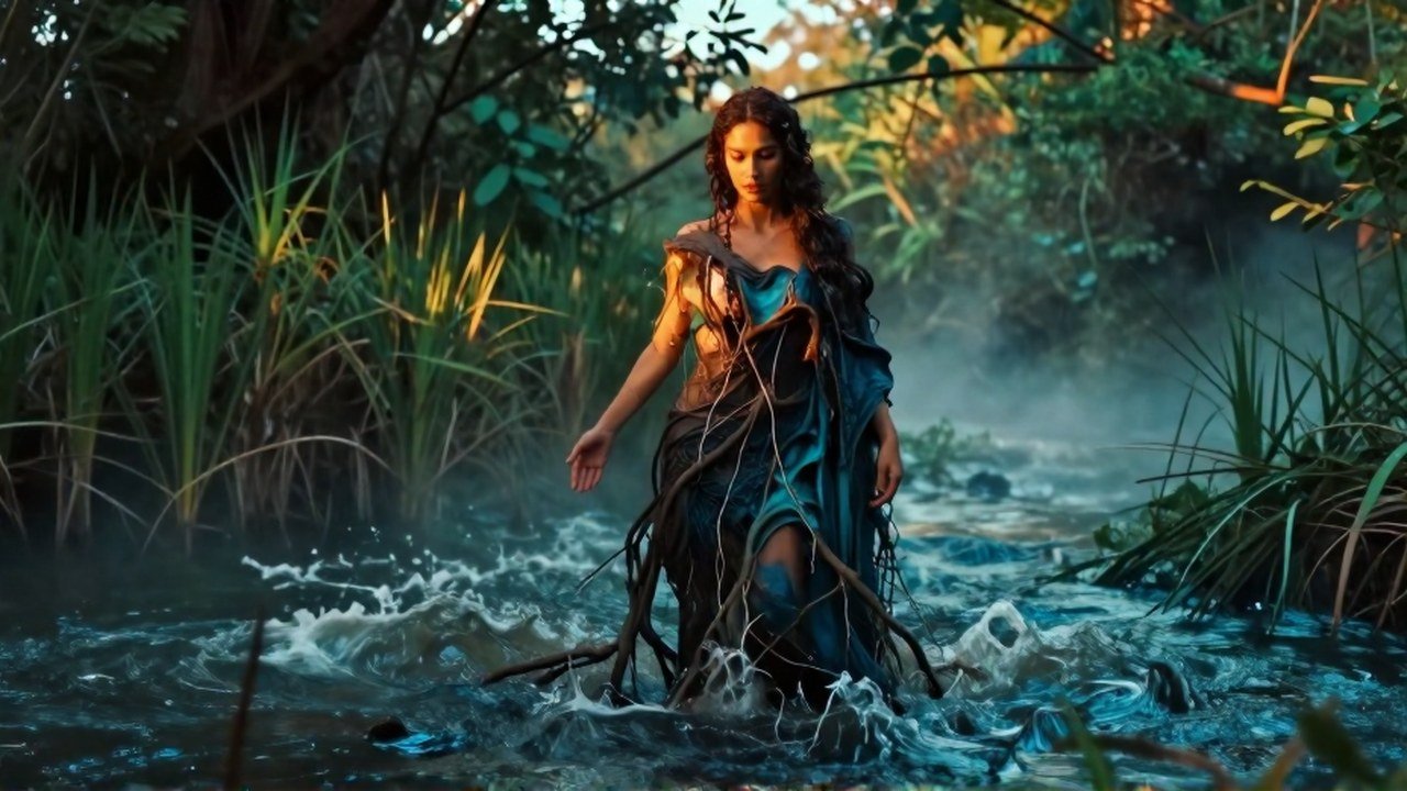 Madre de Agua se transforma en el paisaje ribereño, fusionándose con el agua y las raíces.