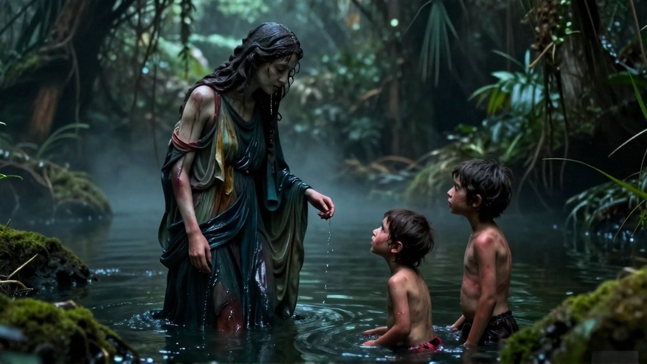 Una Diosa Madre observa a dos niños afectados en una oscura laguna brumosa y densa.