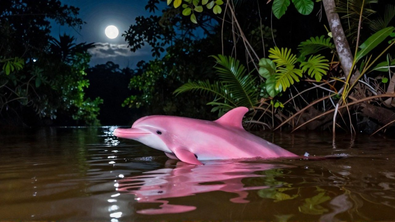 Delfín rosado en el río amazónico por la noche, mostrando una transición mística entre lo acuático y lo etéreo.