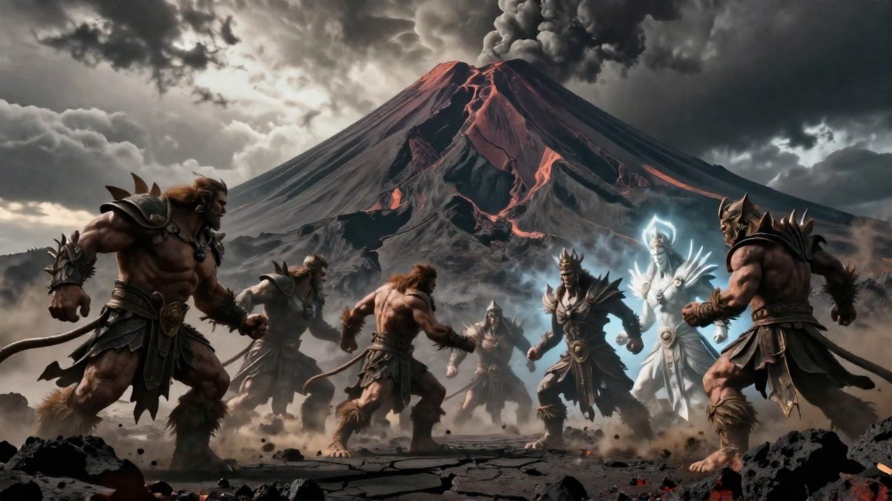Batalla mitológica entre gigantes colosales y dioses en un paisaje volcánico.