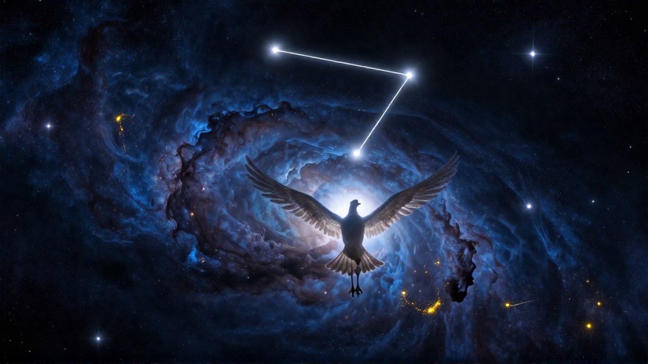 Una figura aviar majestuosa se transforma y disuelve en la constelación Cruz del Sur en el cosmos.