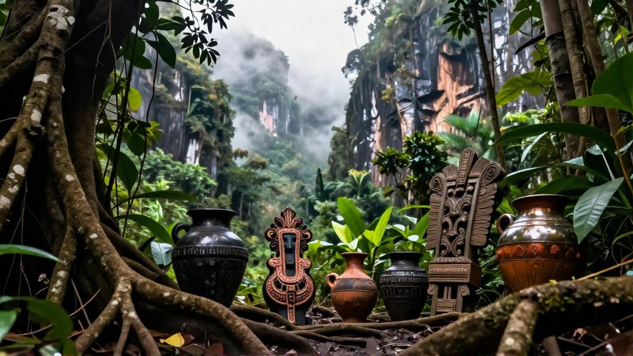 Artefactos ceremoniales antiguos yacen entre las raíces y la densa vegetación de un paisaje montañoso selvático.