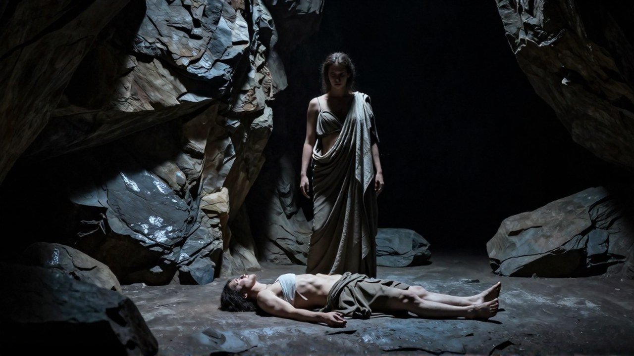 Una figura femenina poderosa domina a una figura humana vulnerable en el interior de una caverna oscura.