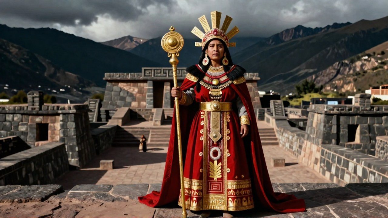 Una Coya andina en atuendo ceremonial sostiene un cetro dorado dentro de una antigua ciudadela inca.