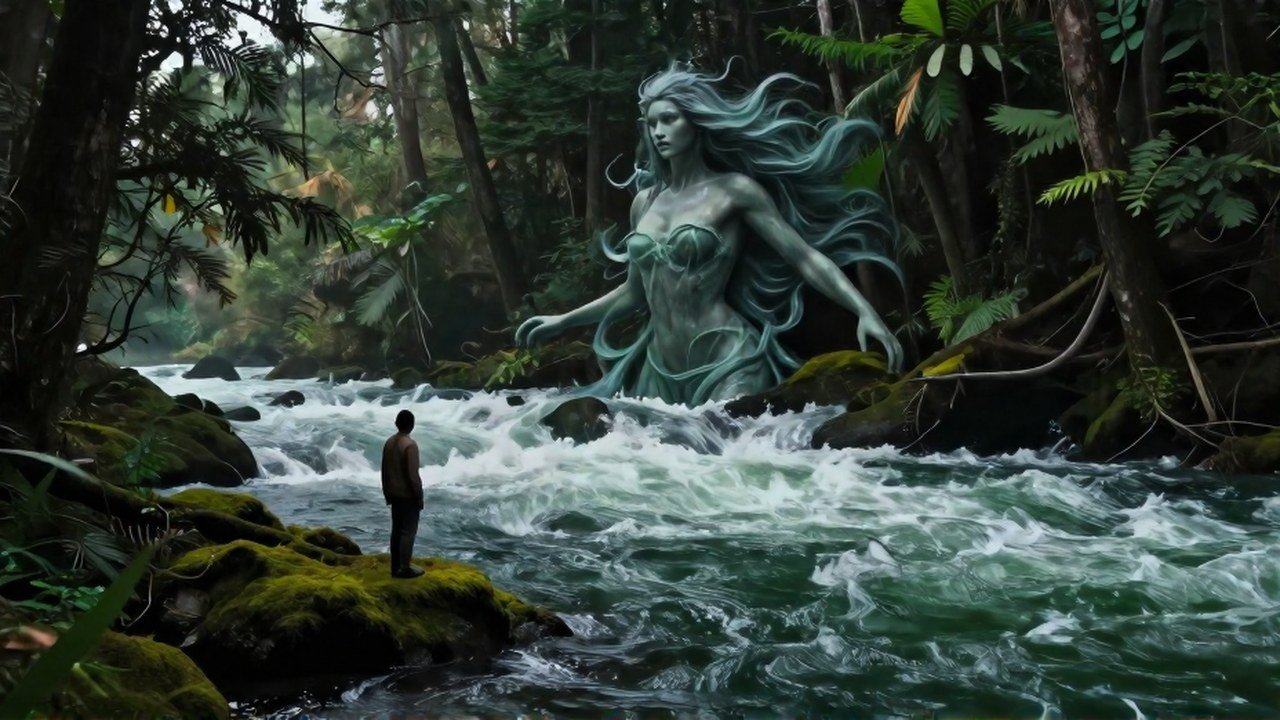 Figura en un bosque se encuentra con un majestuoso espíritu fluvial emergiendo de un río turbulento.